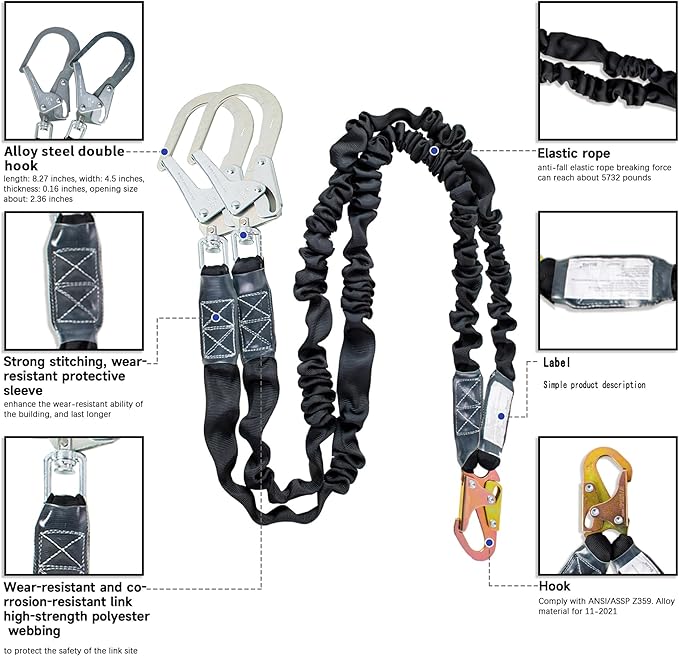 6ft Safety Harness Lanyard Double Leg Internal Shock Absorbing Safety Fall Protection Lanyard with Rope Harness Safety Lanyard Dual Rebar & Snap Hook Roofer Fall Protection Equipment（Alloy Steel）
