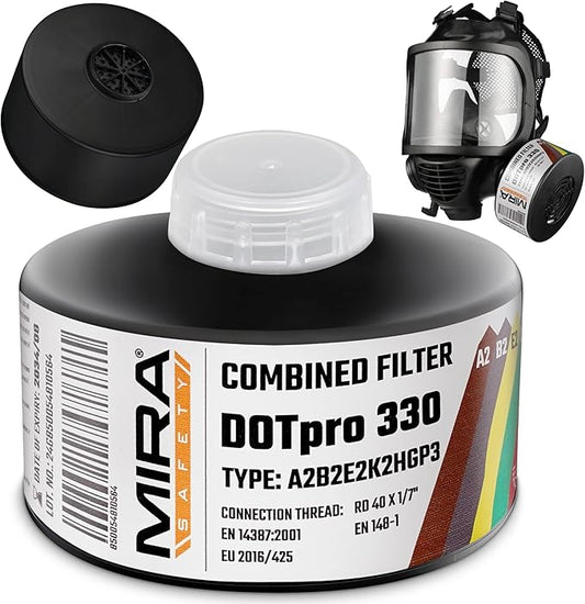 MIRA Safety - DotPro 330 - Industrial Grade Gas Mask Filter | A2 B2 E2 K2 HG P3 Filter Rating | Long Shelf Life | 40mm NATO Filter | Fits CBRN Gas Masks