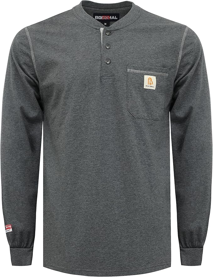 BOCOMAL FR Shirts for Men 5.5oz Lightweight Long Sleeve Work Henley Fire Resistant Shirt CAT2