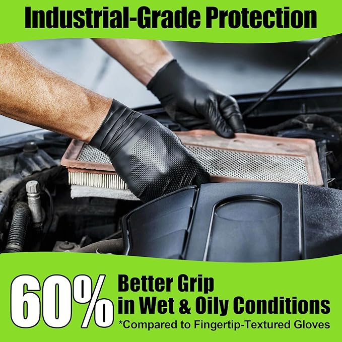 TREEGO Black Nitrile Gloves 10 Mil Heavy Duty Disposable Latex Free – Diamond Grip for Industrial, Construction, Mechanic