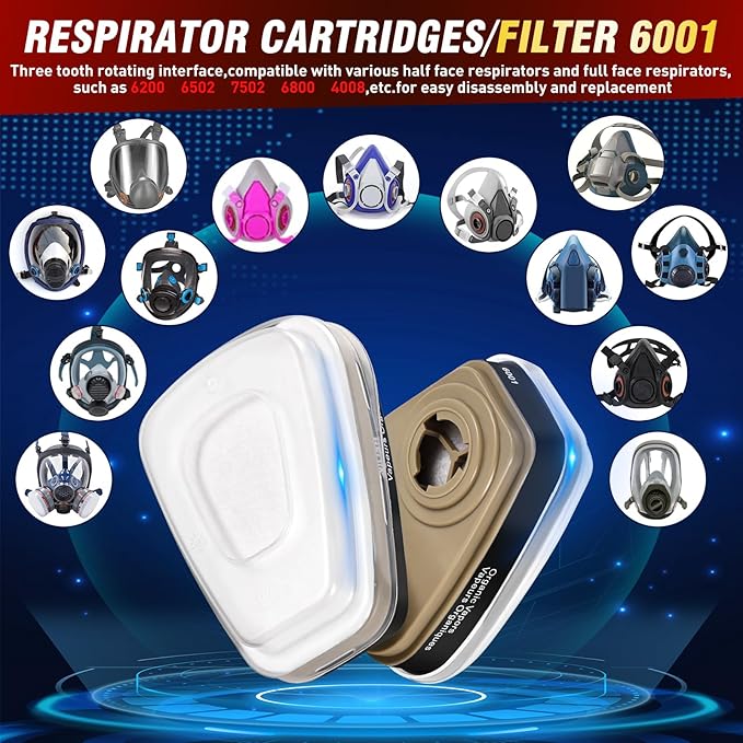 12-Pack 6001 Respirator Filter Cartridges (2 Filter Cartridges,2 Filter Covers,8 Filter Cottons),Replacement Cartridges Filter for 6200,6800 Respirator Masks.