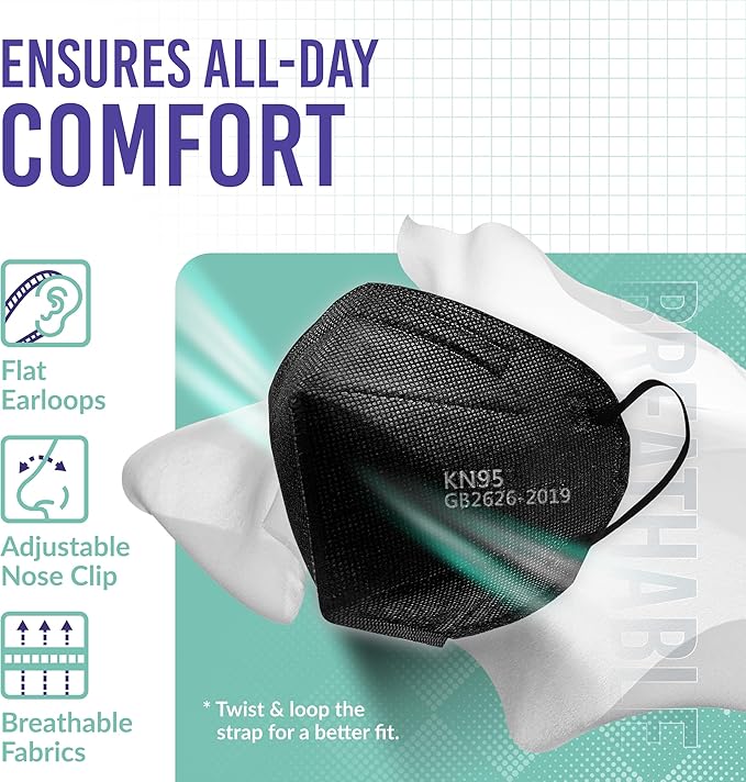 Medtecs KN95 Face Masks Disposable - Individually Wrapped, 5 Ply Protection & Extra Wide Elastic Ear Loops Design, ≧ 95% Filtration Efficiency | Mask Extender included, 50 PC - Black