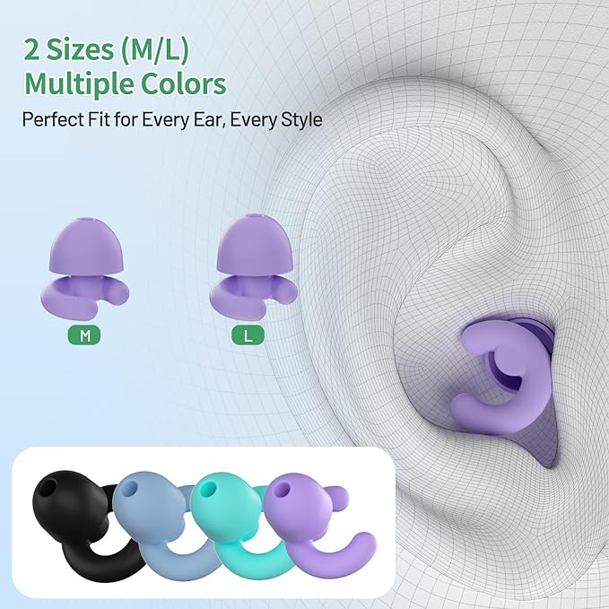 Ultra-Soft Noise Cancelling Ear Plugs, Reusable Silicone for Sleep Concerts Travel Office,33dB (NRR),Ergonomic Integrated Design Fit for Small Ear Canals Noise Sensitivity (Purple, 2 Pairs)