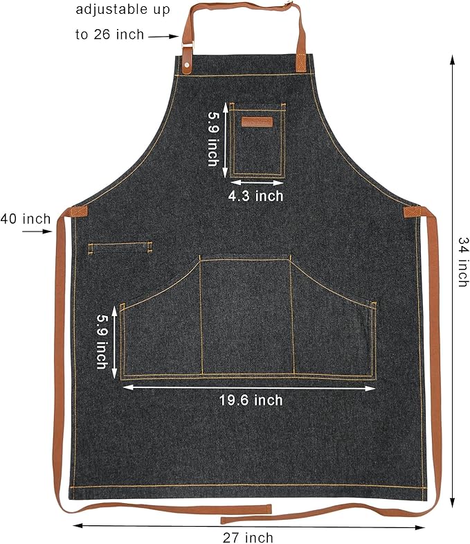 Denim Kitchen Apron with Pockets, Mens Womens Professional Chef Bib Apron for Cooking Grill BBQ Server