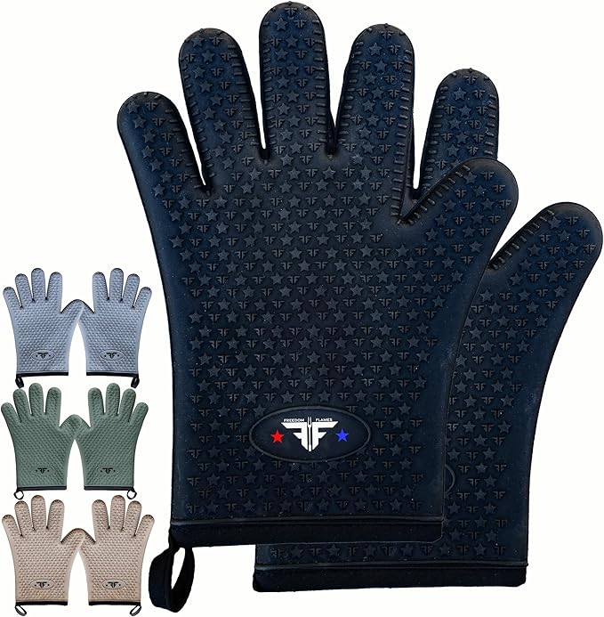 Silicone Oven Mitt - Heat Resistant BBQ Gloves with Fingers for Grilling or Smoker Pit, Easy Clean Waterproof Heat Proof Grill Glove for Baking & Cooking (Black)