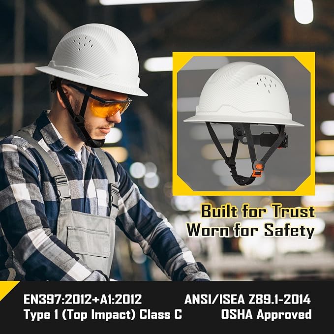 COOLJOB Full Brim Hard Hat, Vented Construction Safety Helmet OSHA Approved, 6-Point Ratchet Suspension, Carbon Fiber Pattern Design