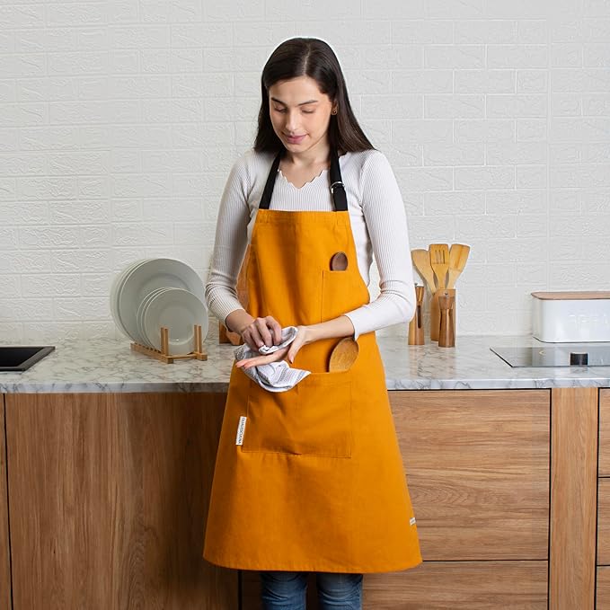 Cotton Canvas Apron for Women & Men – Adjustable Neck Strap & Waist Ties with Pockets – Kitchen, Cooking, Baking, Chef, BBQ, Grilling, Gardening – Durable 33x27 Inches – Orange with Black Straps