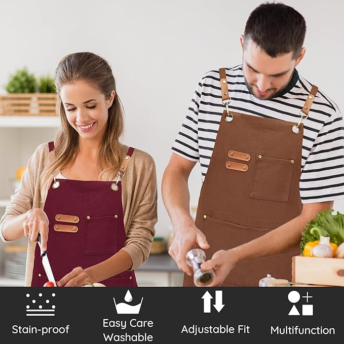 Canvas Aprons, Kitchen Chef Aprons, Work Aprons for Men Women, Adjustable Strap Aprons with 3 Pockets