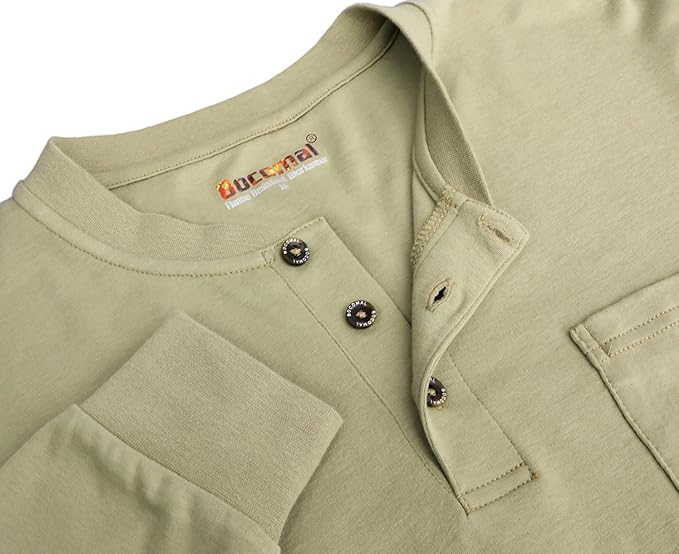 BOCOMAL FR Shirts Summer Vented Mesh Breathable Henley Shirt 5.5oz Flame Resistant CAT2 Work Clothing