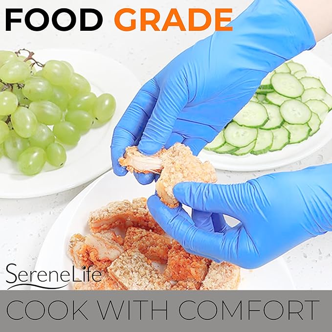 Serenelife 100 count Medium Gloves Nitrile Disposable Latex & Powder Free - Great for Kitchens, Food Handling & Cleaning Supplies - Soft & Comfortable fit - Vinyl & Nitrile blend - Medium -100 Pack