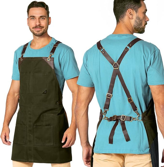 Under NY Sky Cargo Green Apron – Cross-Back with Leather Straps, Heavy-Duty Waxed Canvas and Split-Leg – Adjustable for Men and Women – Pro Woodworker, Mechanic, Blacksmith, Welder, Artist Aprons
