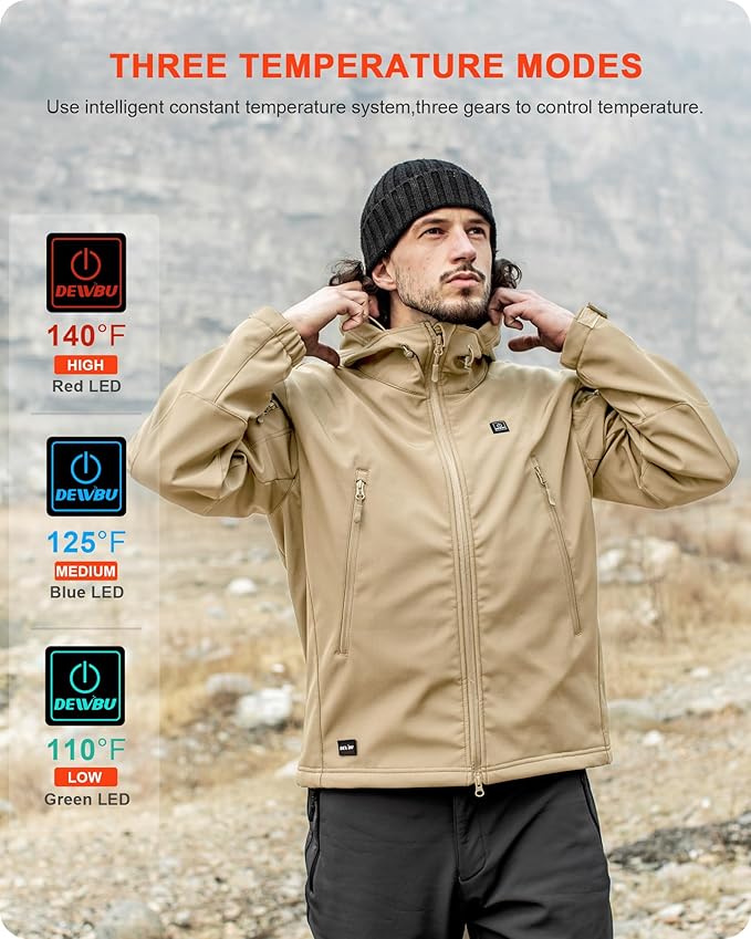 DEWBU Heated Jacket for Men with 12V Battery Pack Winter Outdoor Soft Shell Electric Heating Coat