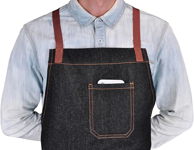 Denim Chef Apron with Pockets, Mens Womens Professional Kitchen Bib Black Apron for Cooking Grill BBQ Server, with Cross Back Straps and Towel Loop