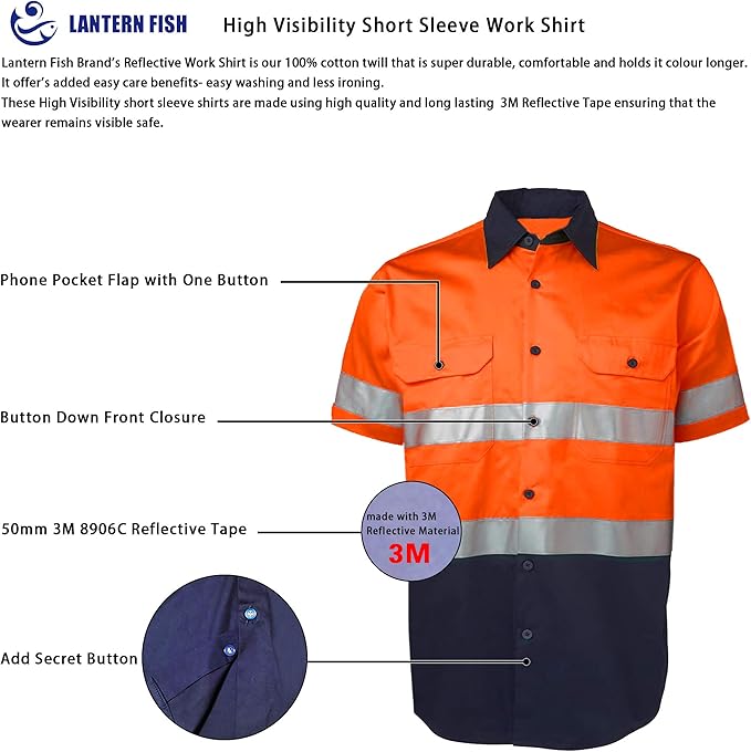 LANTERN FISH High Visibility Shirts Reflective Work Safety Hi Vis Button Up Shirts for Men Cotton Class 3