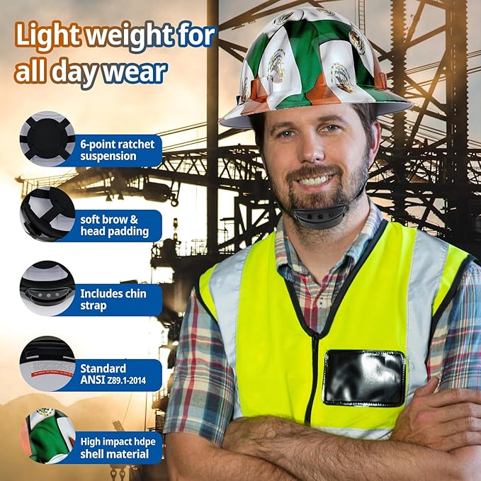 Full Brim Hard Hat - OSHA Safety Helmet Durable Lightweight Carbon Fiber Hard Hat, 6-Point Ratchet Suspension Protective Gear for Men and Women