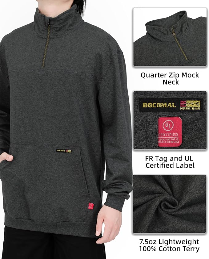BOCOMAL FR Sweatshirts Midweight Non-Fleece Mock Neck 1/4 Quarter Zipper Water/Stain Repellent Fire Resistant Shirts