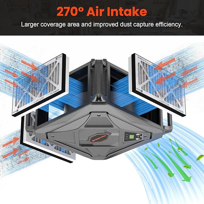 Abestorm 270 Degree Intake Air Filtration System, 780 CFM Workshop Hanging Dust Collector with Remote Control, Ceiling Mounted for Woodworking Shops and Garage, 2-speed Adjustment, DecDust 780