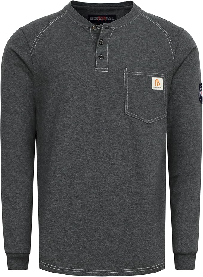 BOCOMAL Men's FR Shirt Pocket Henley Lightweight Flame Resistant Cotton Long Sleeve Workwear UL NFPA2112 CAT2 Welding Tee