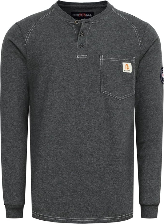 BOCOMAL Men's FR Shirt Pocket Henley Lightweight Flame Resistant Cotton Long Sleeve Workwear UL NFPA2112 CAT2 Welding Tee