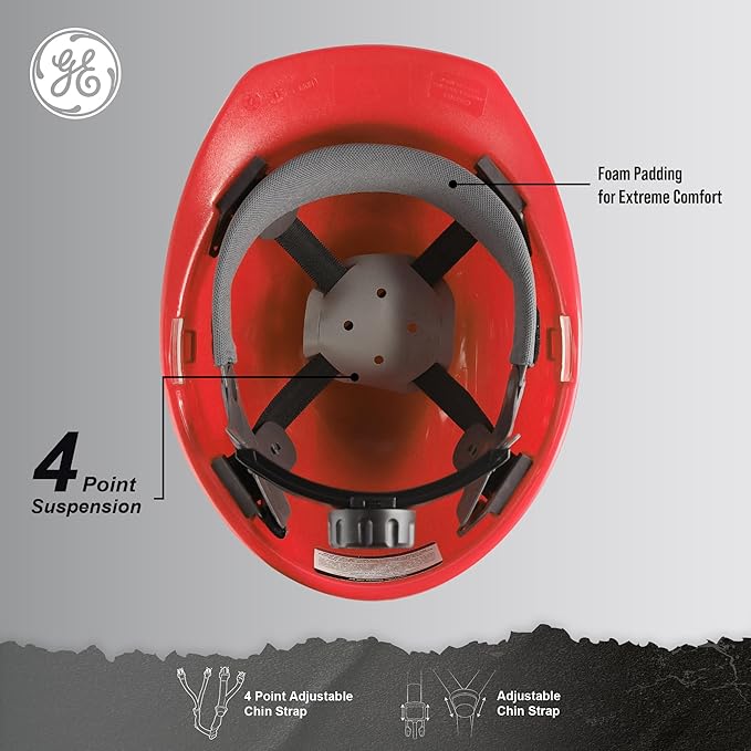 GE Cap Style Hard Hat, 4-Point Ratchet Suspension, Earmuff Slots, High Impact Resistant, Sweat-Wicking Sweatband, Meets ANSI Z89.1-2014, Comfortable, Durable, and Protective - Red, Non-Vented