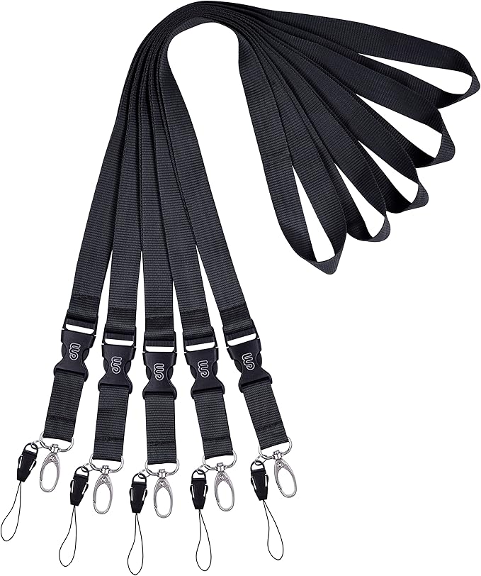 Wisdompro Office Lanyard, 5 Pack 23 inch Quick Release Neck Strap Lanyard with Detachable Buckle, Metal Oval Clasp, String Loop for ID Badges, Keys, Keychain, USB Flash Drives, Phones - Black