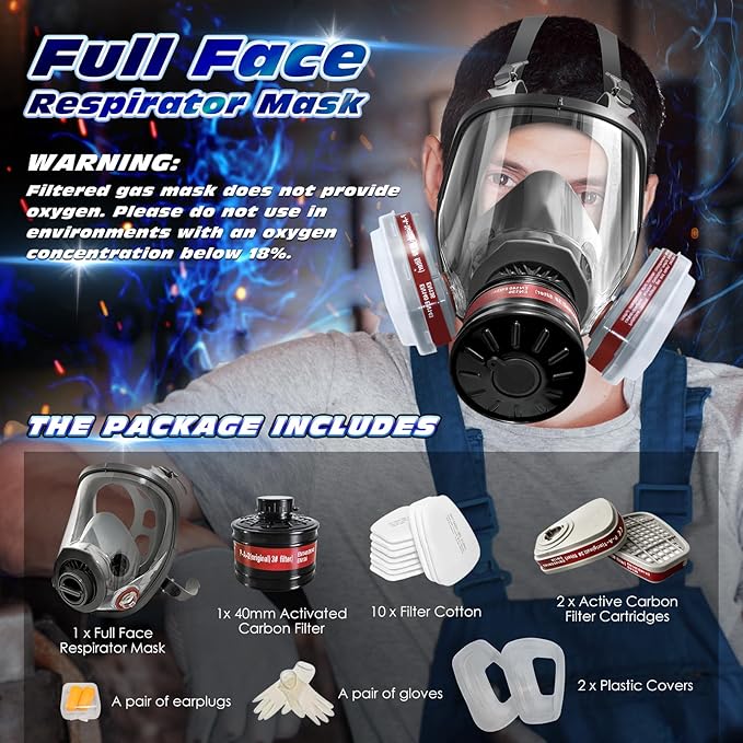 Full Face Gas Masks Survival Nuclear and Chemical, Reusable Full Face Respirator Gas Mask with Activated Carbon Filter