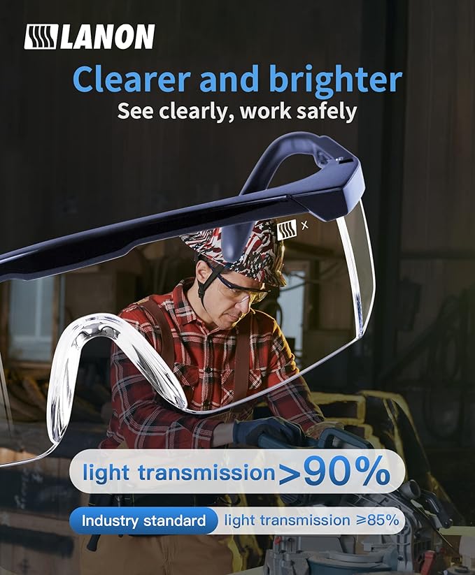 LANON 3 Pack Anti-Fog Safety Goggles with Ajustable Temples, 2.5 Times ANSI Z87.1 Double-sided Antifog, Side Protection, High Transmission, Lightweight