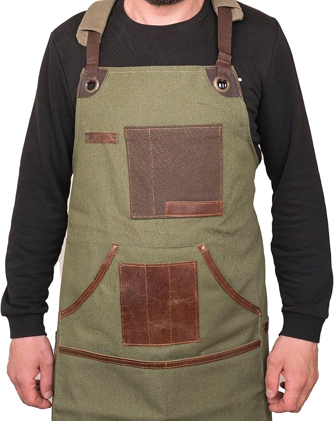 Cross Back Canvas Aprons With Pockets |Adjustable Leather Strap|Work Apron|Chef Apron|Woodworking, Grilling