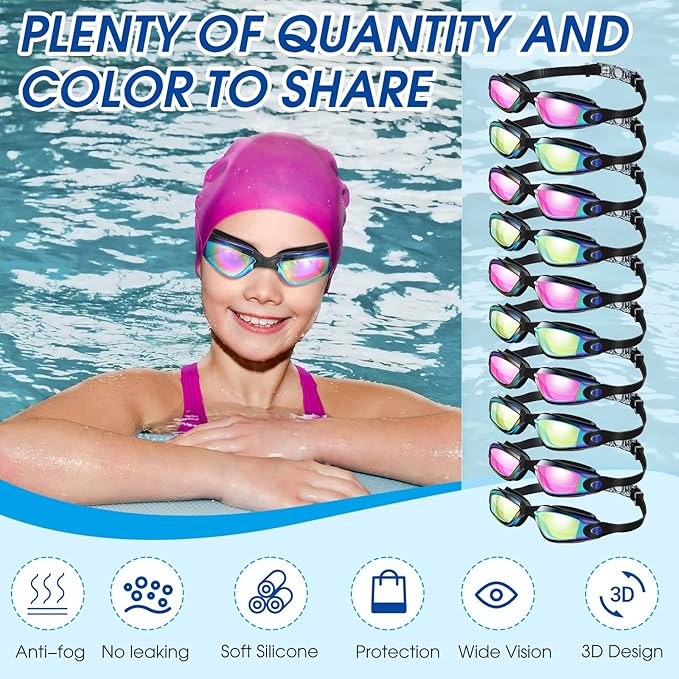 Treela 10 Pcs Swimming Goggles for Adults Pool Goggles Swim Glasses Bulk Multipack Anti Fog Silicone No Leaking
