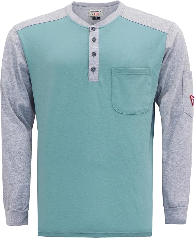TICOMELA FR T Shirt Flame Resistant Shirt 5.5oz 100% Cotton Light Weight Workwear Men's Long Sleeve Henley Shirts