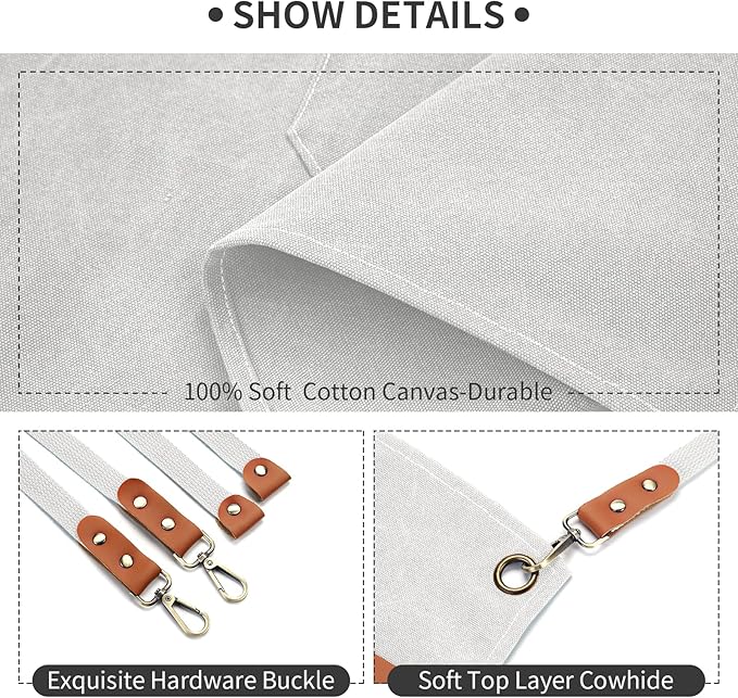 White Chef Aprons for Men Women with Large Pockets,Cotton Canvas Cross Back Apron,Kitchen Cooking Baking Bib Heavy Duty Adjustable Work Apron