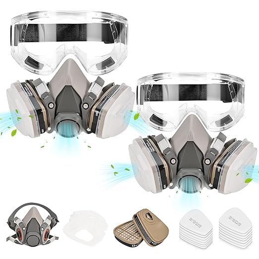 2 Set Respirator Mask with Filters - Half Face Paint Respirator Mask with Glasses for Painting, Organic Vapor, Welding, Woodworking, Chemical and Professional Breathing Protection Reusable