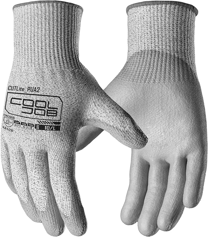 COOLJOB 12/120 Pairs Cut Resistant Safety Work Gloves with Grip, 13 Gauge Seamless Shell with PU Coating, ANSI A2 A4, Gray