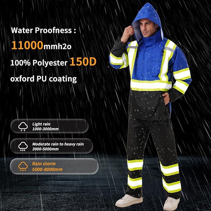 Hi Vis Safety rain Jacket，Reflective Class 3 Rain coat with Inner Mesh Lining and Pockets High Visibility Waterproof work Rain Suits for men&women（Blue,2XL/3XL）