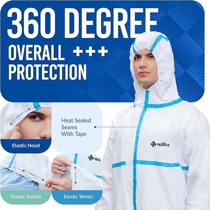 Medtecs Hazmat Suits - 6 Sizes Options - Disposable Coveralls Suit, Medical Protective Coverall PPE Hazmat Suits