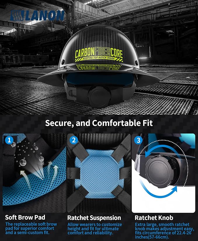 LANON Carbon Fiber Full Brim Hard Hat, OSHA Construction Work Approved, Classic Black Design, Lightweight Durable Safety Helmet with 6 Point Adjustable Ratchet Suspension, Class C