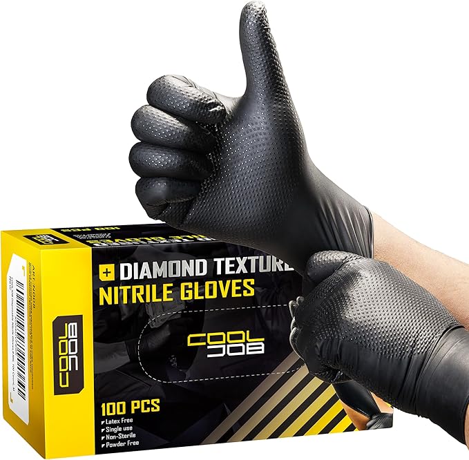 COOLJOB 8 Mil Disposable Nitrile Gloves, Diamond Textured Grip for Cleaning, Dying, Cooking, Waterproof, 100 Count, M-XL