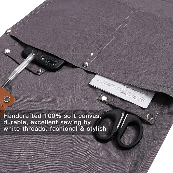 Chef Apron,Cross Back Apron for Men Women with Adjustable Straps and Large Pockets,Canvas,M-XXL (Grey)