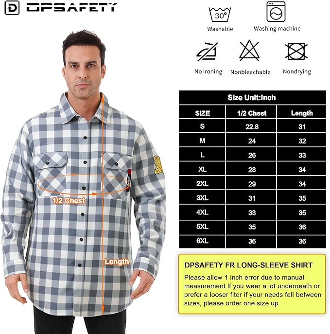 FR Shirts for Men 7oz Fire Resistant Shirts NFPA CAT2 Welding Shirt 102% Cotton Flame Resistant Shirt Grey/Plaid(5X-Large)