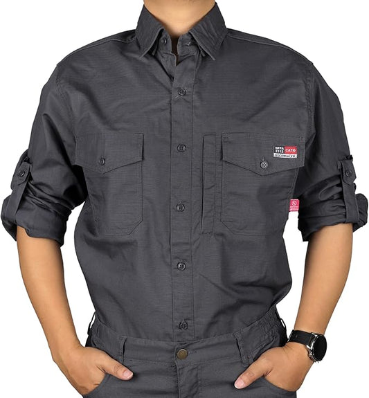 BOCOMAL FR Shirts 6oz Ripstop Durable Rugged Zipper Pocket Water Repellent Finish Fire Resistant Shirt-CAT2