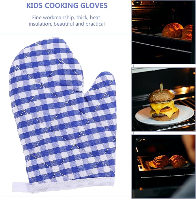 2Pcs Oven Mitts for Play Kitchen, Anti- Scald Gloves Microwave Oven Gloves Kitchen Mitts for Safe Baking Cooking ( Dark Blue Checkered )