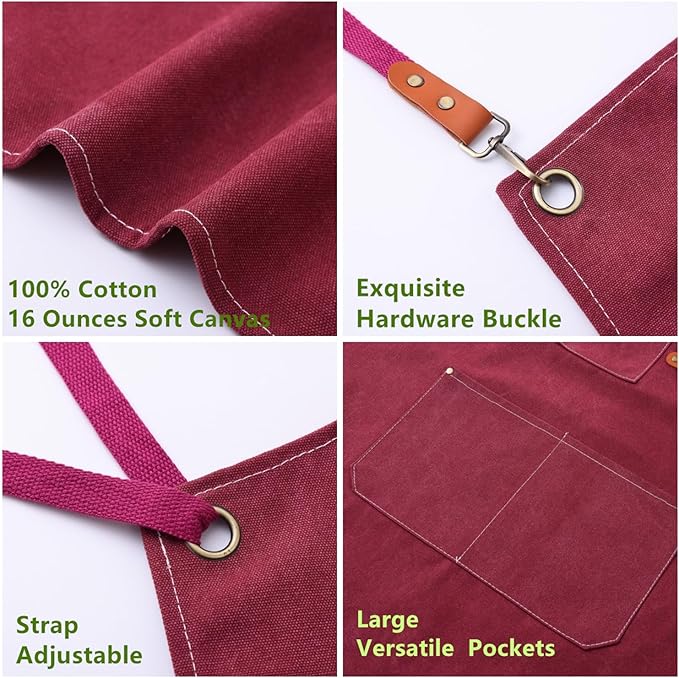 Chef Apron Medium-Thick Cotton Canvas,Cross Back with Multiple Pockets Adjustable Work Apron for Men and Women (Darkred)