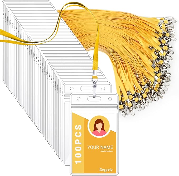 Segarty Lanyards with ID Holder, 100 Pack Vertical Badge Clear Plastic Name Tags Neck Key Card Bulk, Yellow Strap Clips Waterproof Ziplock Nametag Protector for Women, Business, Student, School