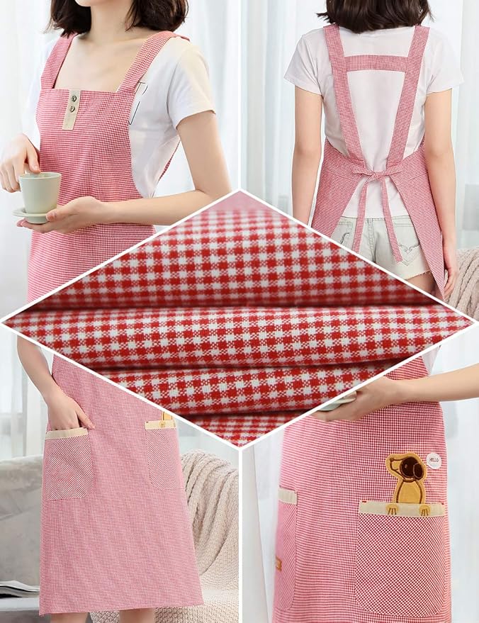 NEWGEM Lovely Cooking Apron for Women with Pockets Cotton Fabric Full Length Red Plaid