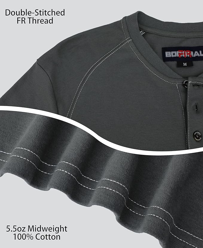 BOCOMAL Men's FR Shirt Pocket Henley Lightweight Flame Resistant Cotton Long Sleeve Workwear UL NFPA2112 CAT2 Welding Tee