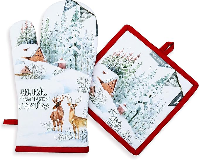 AMOUR INFINI Pot Holders and Oven Mitts 100% Cotton Christmas Winter Heat Resistant Non Slip Washable Set of 1 Oven Mitt and 1 Pot Holder Kitchen Gift Set