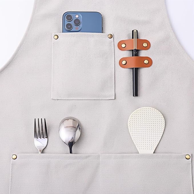 Chef Apron Medium-Thick Cotton Canvas,Cross Back with Multiple Pockets Adjustable Work Apron for Men and Women (Beige)