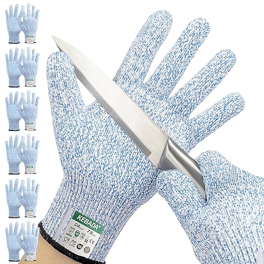Kebada Cut Resistant Gloves, 100% Food Grade Cutting Gloves, ANSI A4 Level 5 Protection Anti Cut, Glass-Free and Steel-Free, Model C4, 6 Pairs, Large
