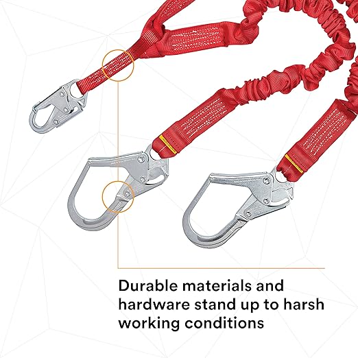 3M Protecta PRO 1340161 6', 100-Percent Elastic Shock Absorbing Lanyard, Snap Hook At Center, Steel Rebar Hooks On Leg Ends, 310 lb. Capacity, Red