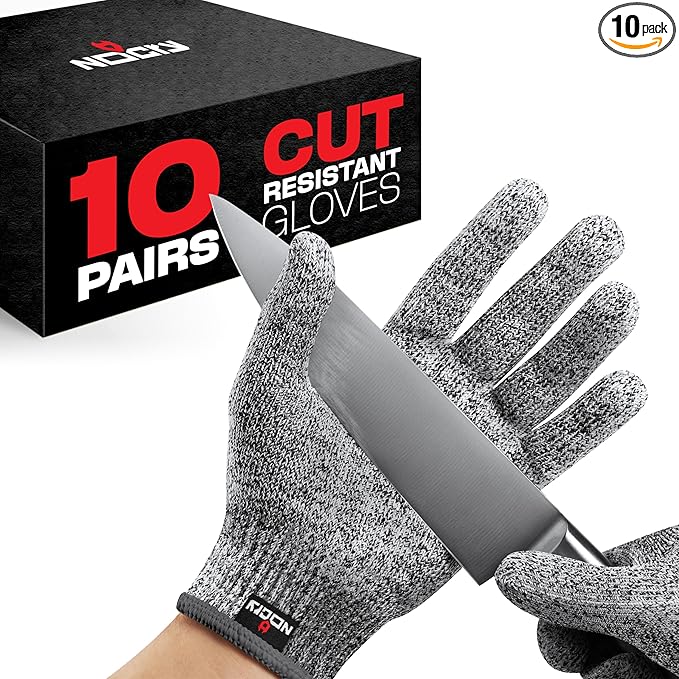 NoCry Premium Cut Resistant Gloves Food Grade — Level 5 Protection; Ambidextrous; Machine Washable; Superior Comfort and Dexterity; Lightweight; Complimentary eBook (10-pack)